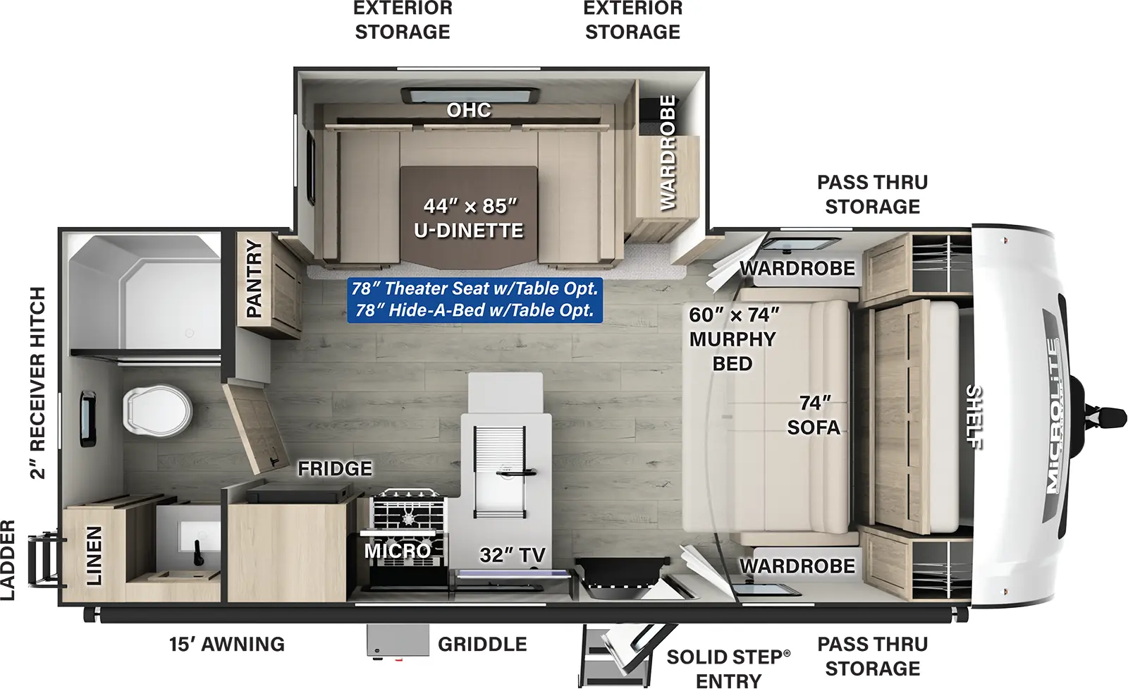 The Flagstaff Micro Lite 22SQS has one entry and one slide out. Exterior features include: fiberglass exterior and 15' awning. Interiors features include: u-dinette, murphy bed and rear bathroom.